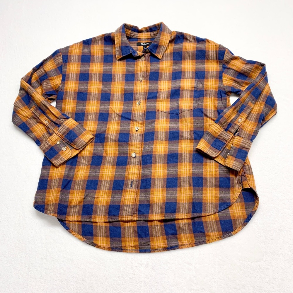 Madewell Plaid Flannel Button Down Women Sz M Blue Orange Cotton Oversized Shirt